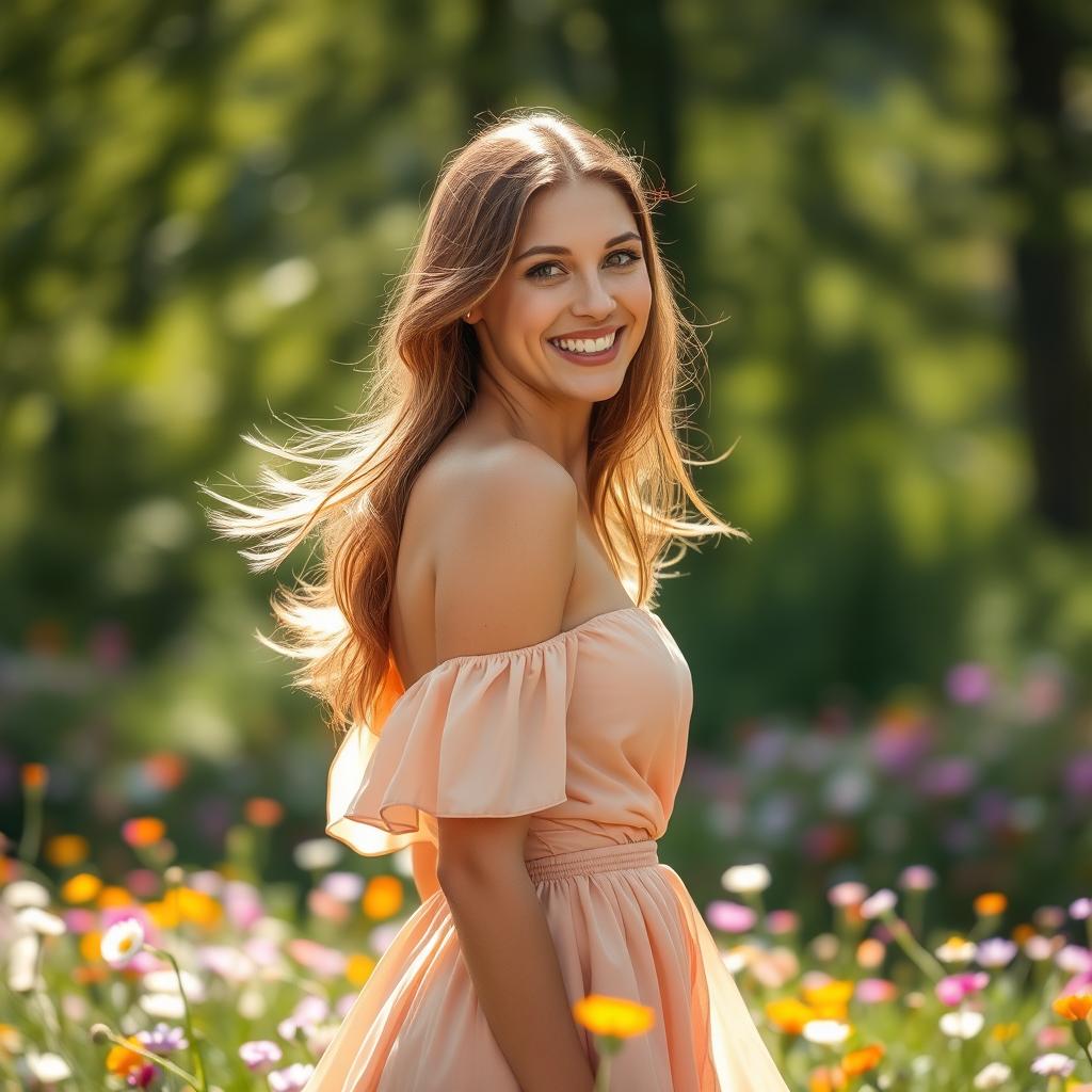 A stunning portrait of a woman with an enchanting smile, wearing a flowing dress that accentuates her curves