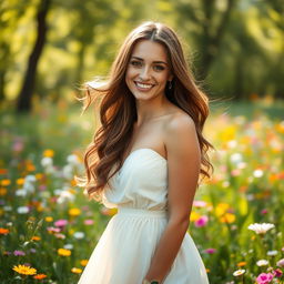 A stunning portrait of a woman with an enchanting smile, wearing a flowing dress that accentuates her curves