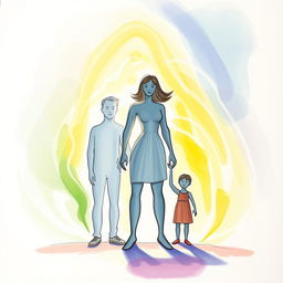 An abstract art drawing featuring a human figure cast with three distinct shadows, symbolizing a man, a woman, and a child