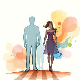 An abstract art drawing featuring a human figure cast with three distinct shadows, symbolizing a man, a woman, and a child