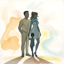 An abstract art drawing featuring a human figure cast with three distinct shadows, symbolizing a man, a woman, and a child