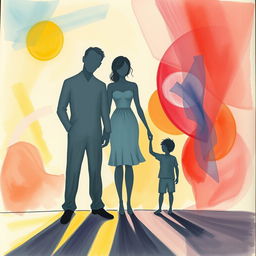 An abstract art drawing featuring a human figure cast with three distinct shadows, symbolizing a man, a woman, and a child