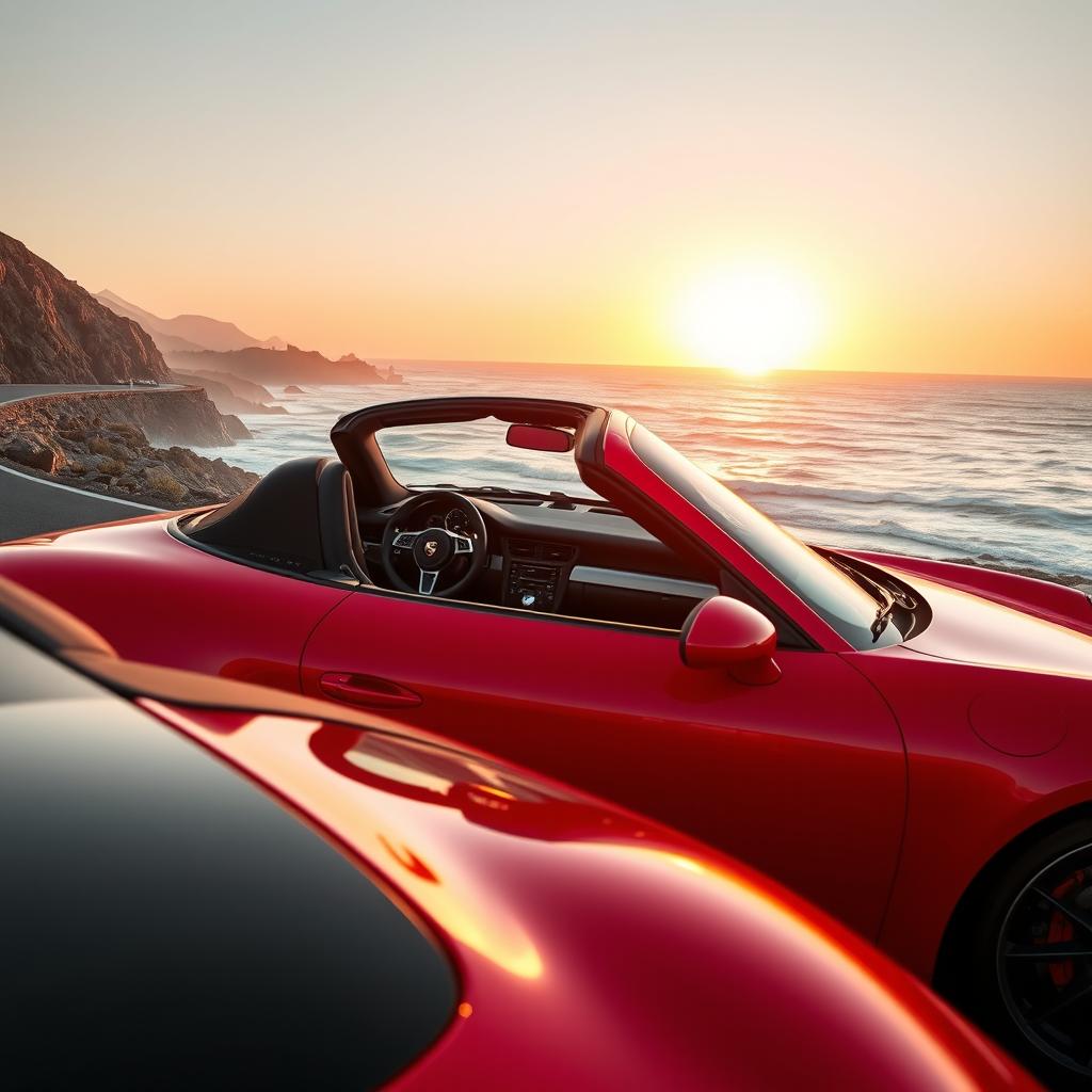 A sleek and luxurious Porsche sports car, featuring a shiny red exterior and black leather interior, parked on a picturesque coastal road