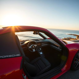 A sleek and luxurious Porsche sports car, featuring a shiny red exterior and black leather interior, parked on a picturesque coastal road
