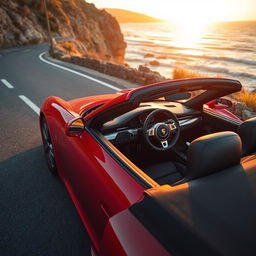 A sleek and luxurious Porsche sports car, featuring a shiny red exterior and black leather interior, parked on a picturesque coastal road