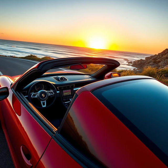 A sleek and luxurious Porsche sports car, featuring a shiny red exterior and black leather interior, parked on a picturesque coastal road