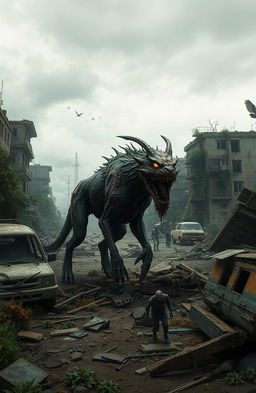 A post-apocalyptic scene depicting a Zombie Apocalypse with a terrifying Necrohound prowling through a desolate urban landscape