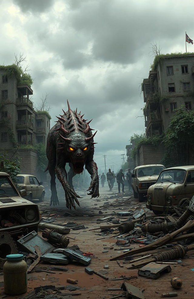 A post-apocalyptic scene depicting a Zombie Apocalypse with a terrifying Necrohound prowling through a desolate urban landscape