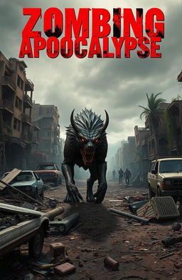 A post-apocalyptic scene depicting a Zombie Apocalypse with a terrifying Necrohound prowling through a desolate urban landscape
