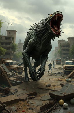 A post-apocalyptic scene depicting a Zombie Apocalypse with a terrifying Necrohound prowling through a desolate urban landscape