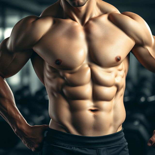 A close-up of a muscular man showcasing his chiseled six-pack abs