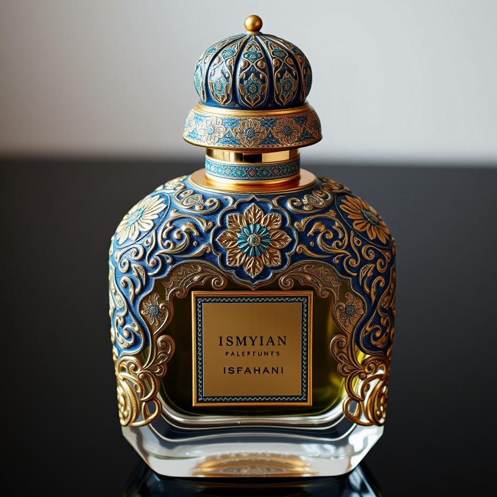 A luxury perfume bottle adorned with exquisite mina-kari, featuring traditional Persian islimi patterns with intricate designs