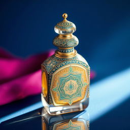 A luxury perfume bottle adorned with exquisite mina-kari, featuring traditional Persian islimi patterns with intricate designs