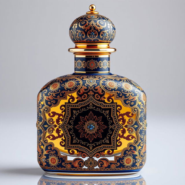 A luxury perfume bottle adorned with exquisite mina-kari, featuring traditional Persian islimi patterns with intricate designs