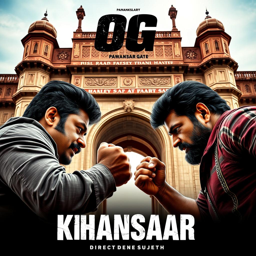 A dramatic poster showcasing two powerful characters, Pawankalyan and Salaar, in an intense face-off set in front of the iconic Khansaar Gate