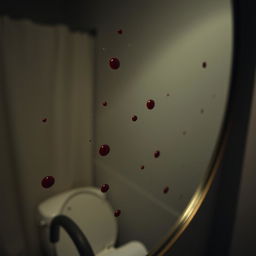 A close-up, detailed view of a bathroom mirror with minor blood spots scattered across its surface