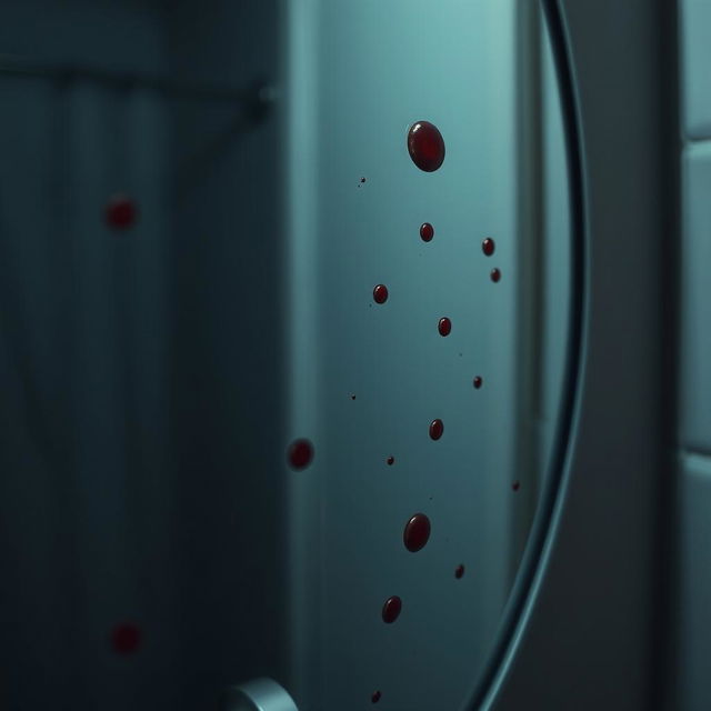 A close-up, detailed view of a bathroom mirror with minor blood spots scattered across its surface