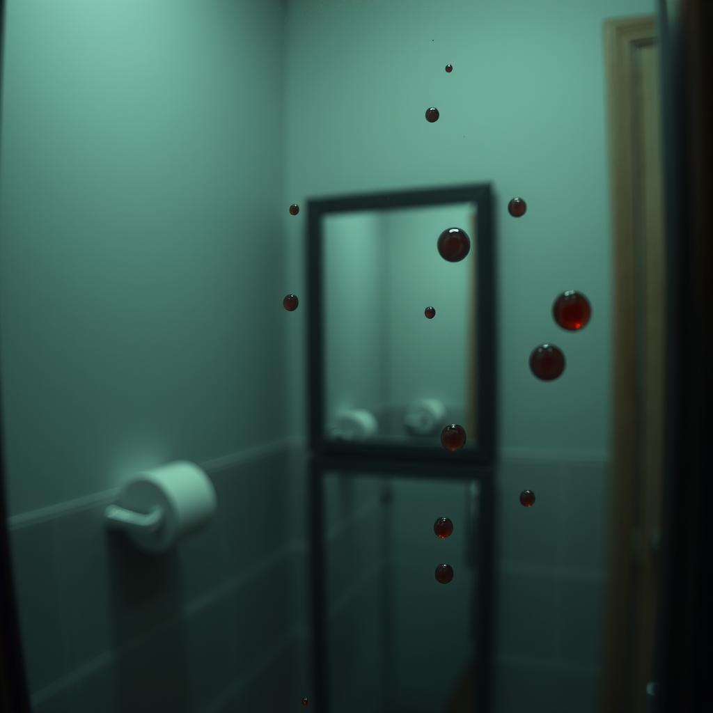 A close-up, detailed view of a bathroom mirror with minor blood spots scattered across its surface