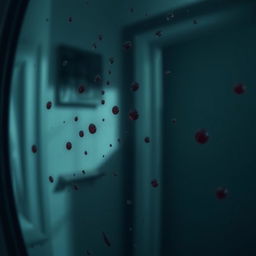 A close-up, detailed view of a bathroom mirror with minor blood spots scattered across its surface