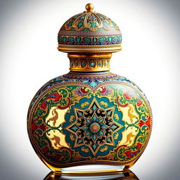 An exquisite perfume bottle adorned with intricate Mina-kari (Persian enamel art) showcasing traditional Islimi patterns, showcasing the rich heritage of Iranian and Isfahani culture