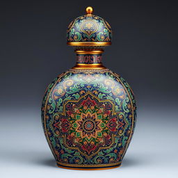 An exquisite perfume bottle adorned with intricate Mina-kari (Persian enamel art) showcasing traditional Islimi patterns, showcasing the rich heritage of Iranian and Isfahani culture