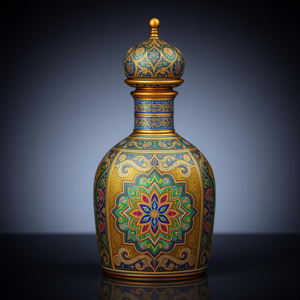 An exquisite perfume bottle adorned with intricate Mina-kari (Persian enamel art) showcasing traditional Islimi patterns, showcasing the rich heritage of Iranian and Isfahani culture