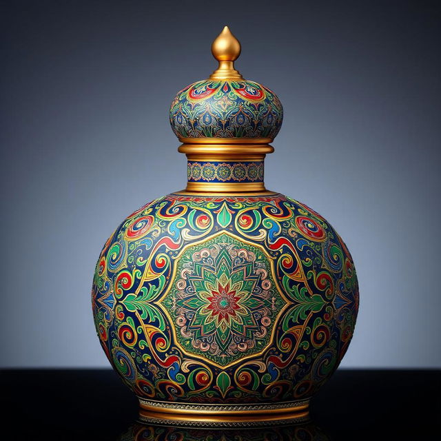 An exquisite perfume bottle adorned with intricate Mina-kari (Persian enamel art) showcasing traditional Islimi patterns, showcasing the rich heritage of Iranian and Isfahani culture