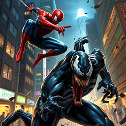An epic showdown between Spider-Man and Venom in a vibrant, urban setting