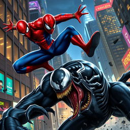 An epic showdown between Spider-Man and Venom in a vibrant, urban setting