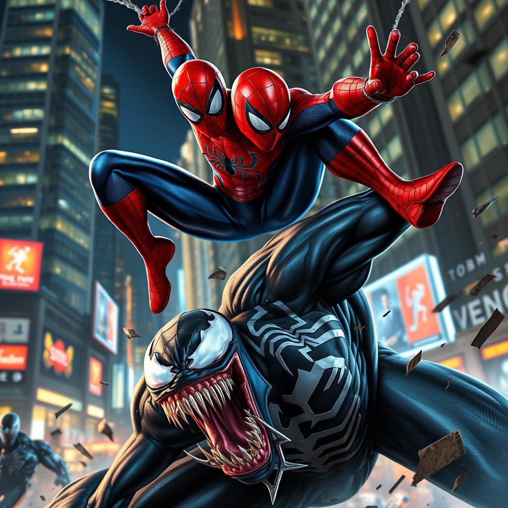 An epic showdown between Spider-Man and Venom in a vibrant, urban setting