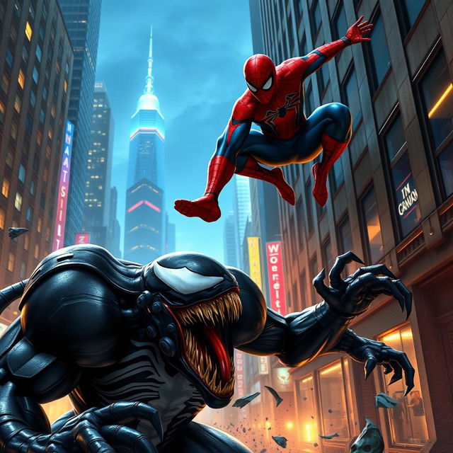 An epic showdown between Spider-Man and Venom in a vibrant, urban setting