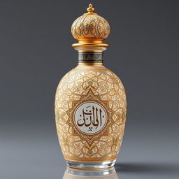 A luxurious perfume bottle decorated with intricate mina kari, showcasing traditional Islamic geometric patterns and exquisite Persian calligraphy