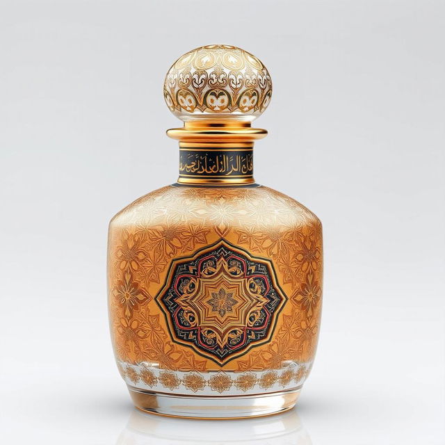 A luxurious perfume bottle decorated with intricate mina kari, showcasing traditional Islamic geometric patterns and exquisite Persian calligraphy