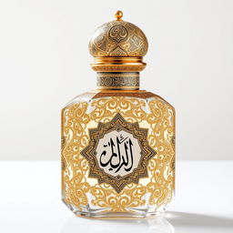 A luxurious perfume bottle decorated with intricate mina kari, showcasing traditional Islamic geometric patterns and exquisite Persian calligraphy