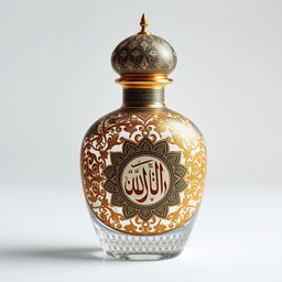 A luxurious perfume bottle decorated with intricate mina kari, showcasing traditional Islamic geometric patterns and exquisite Persian calligraphy