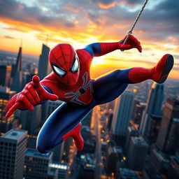 A dynamic superhero scene featuring a character resembling Spider-Man, showcasing iconic red and blue suit with webs and a skyline in the background