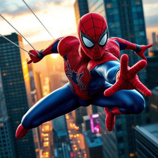 A dynamic superhero scene featuring a character resembling Spider-Man, showcasing iconic red and blue suit with webs and a skyline in the background