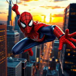 A dynamic superhero scene featuring a character resembling Spider-Man, showcasing iconic red and blue suit with webs and a skyline in the background