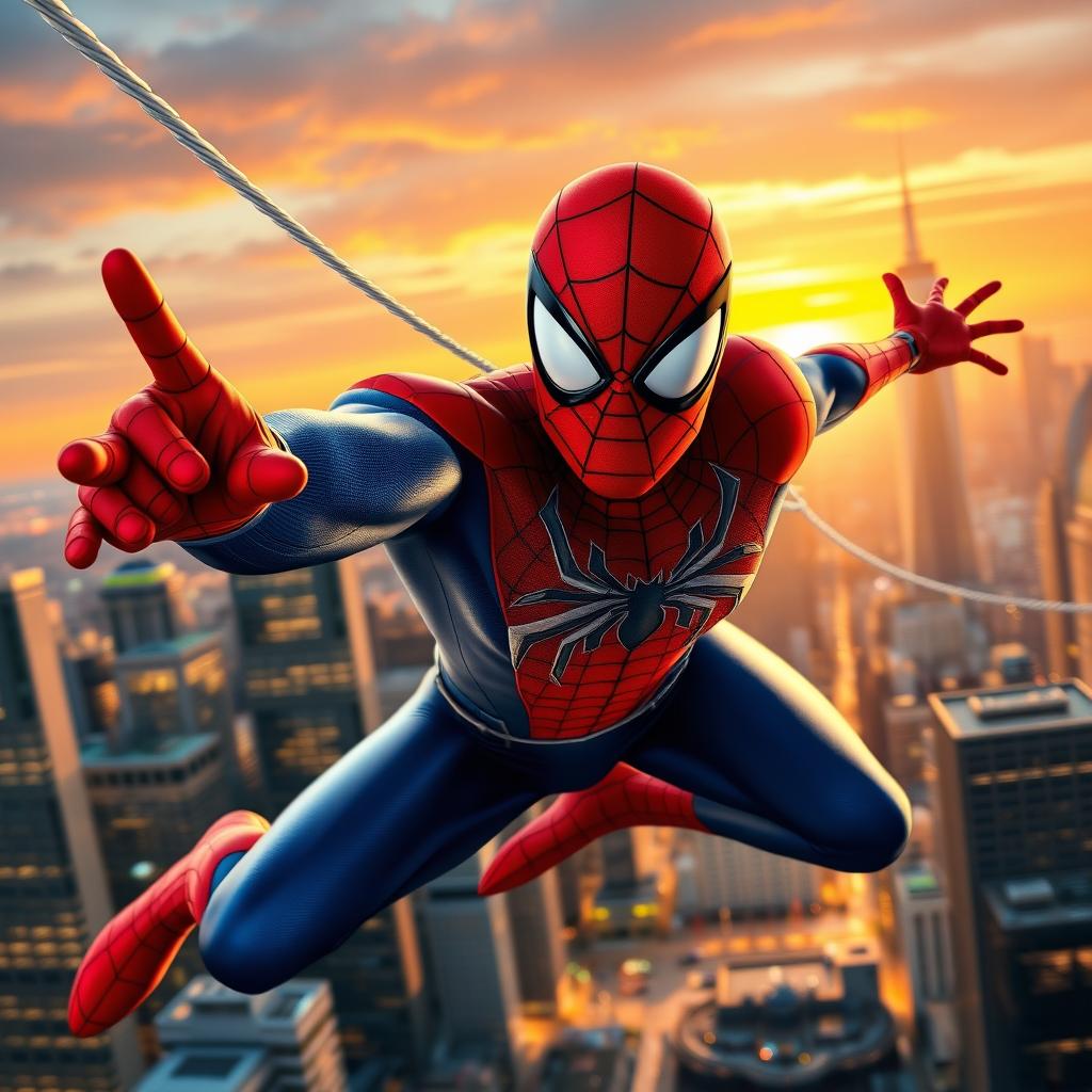 A dynamic superhero scene featuring a character resembling Spider-Man, showcasing iconic red and blue suit with webs and a skyline in the background