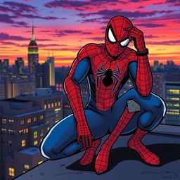 A dynamic scene of Spider-Man in an urban environment, crouched on a rooftop as he puts on his iconic red and blue mask