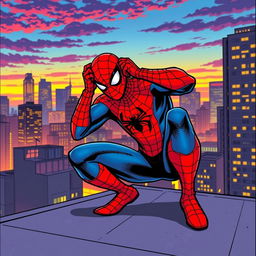A dynamic scene of Spider-Man in an urban environment, crouched on a rooftop as he puts on his iconic red and blue mask