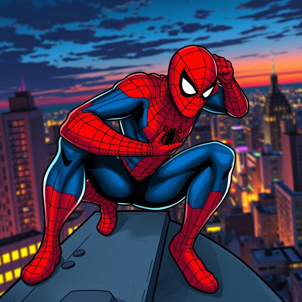 A dynamic scene of Spider-Man in an urban environment, crouched on a rooftop as he puts on his iconic red and blue mask