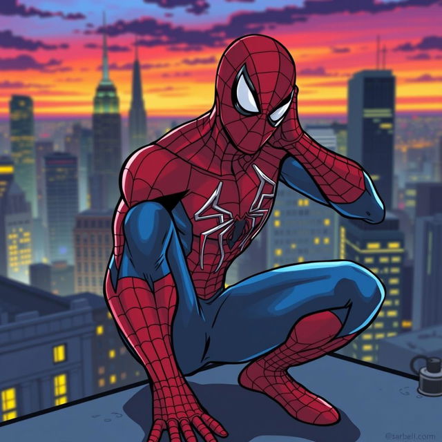 A dynamic scene of Spider-Man in an urban environment, crouched on a rooftop as he puts on his iconic red and blue mask