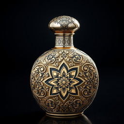 A beautifully designed perfume bottle featuring a metallic cover, adorned with intricate mina-kari patterns and elegant islami motifs