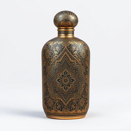 A beautifully designed perfume bottle featuring a metallic cover, adorned with intricate mina-kari patterns and elegant islami motifs