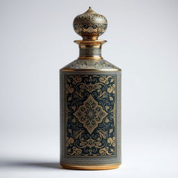 A beautifully designed perfume bottle featuring a metallic cover, adorned with intricate mina-kari patterns and elegant islami motifs