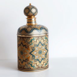 A beautifully designed perfume bottle featuring a metallic cover, adorned with intricate mina-kari patterns and elegant islami motifs