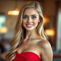 A stunning 18-year-old young woman with long blonde hair and bright blue eyes, wearing a captivating bright red dress that accentuates her curvy figure