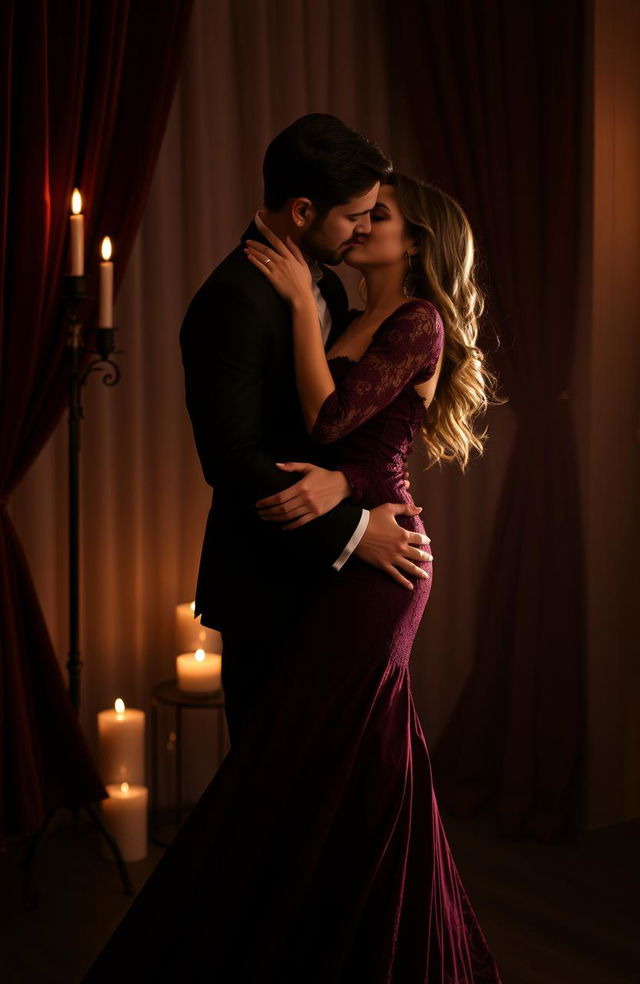 A passionate and intimate scene featuring a couple dressed in elegant black and burgundy attire