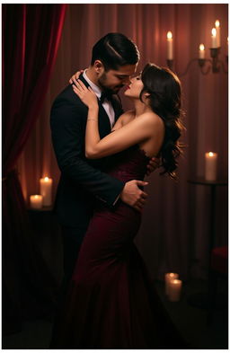 A passionate and intimate scene featuring a couple dressed in elegant black and burgundy attire